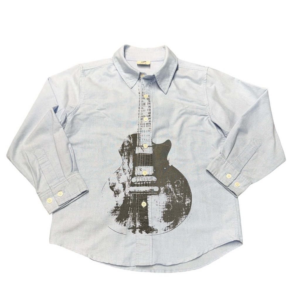 Wes and Willy light blue oxford guitar print long sleeve button down shirt boys